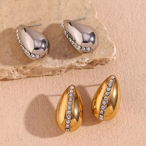 Hollow Water Drop Stud Earrings Shining Zircon Jewelry Gold Plated Stainless Steel Jewelry
