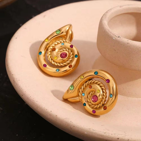 New Design Conch Stud Earrings Colorful Zircon Earring 18K Gold Plated Stainless Steel Jewelry