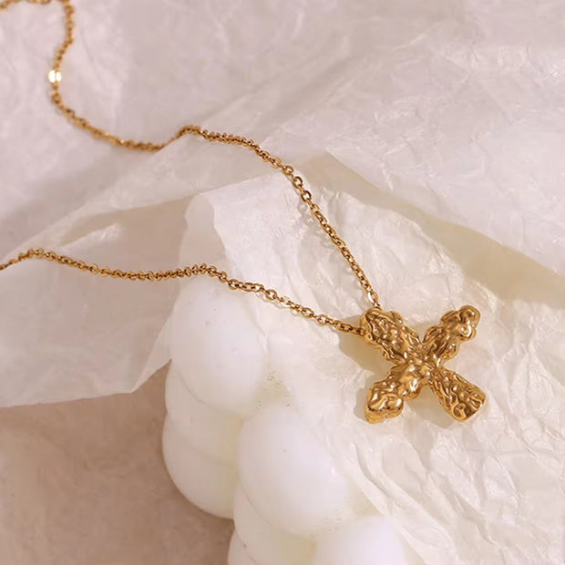 Hammered Cross Necklace 18K Gold Plated Jewelry Waterproof 316L Stainless Steel Titanium Jewelry