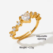 Gold Plated Adjustable Crystal Heart Shape Zircon Inlay Ring Tarnish Free Stainless Steel Diamond Wedding Rings