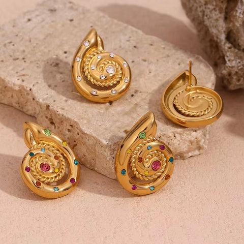 New Design Conch Stud Earrings Colorful Zircon Earring 18K Gold Plated Stainless Steel Jewelry