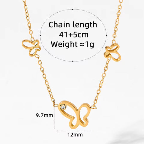 Ins Thin Chain Gold Plated Stainless Steel Three Butterfly Shape Hollow Zircon Necklace