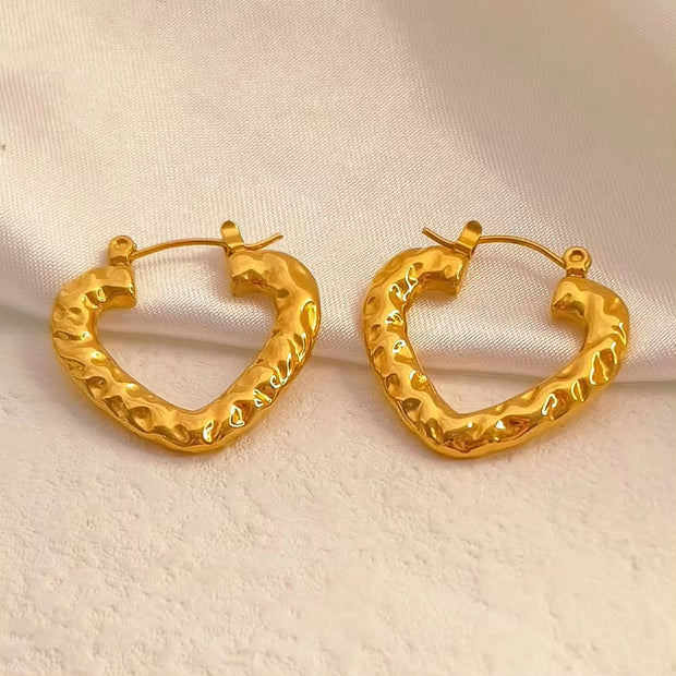 Hot Sale Hip Hops Embossed Texture Geometric Clip on Earrings Trendy Gold Plated Large Heart Rectangular Hoop Earrings F